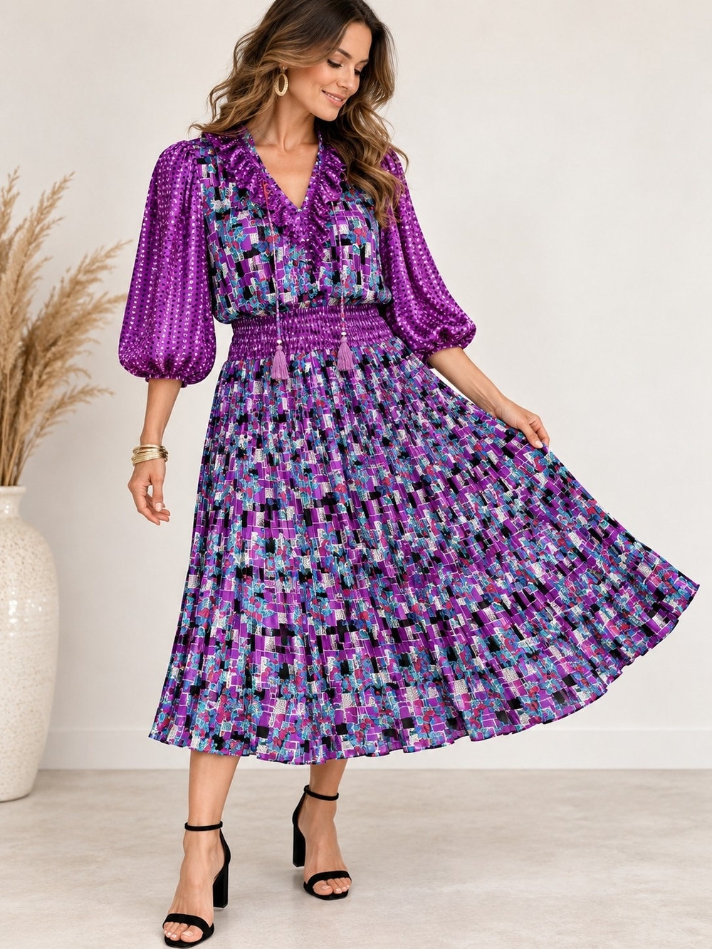 Vintage 80s Diane Freis Purple Pleated Drop Waist Midi Dress L Maximalist